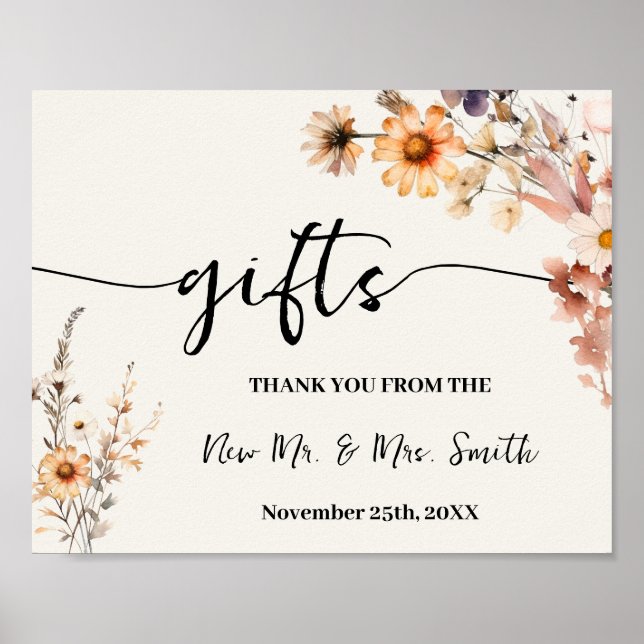 Fall Wildflowers Gifts Sign Bridal Shower Wedding (Front)