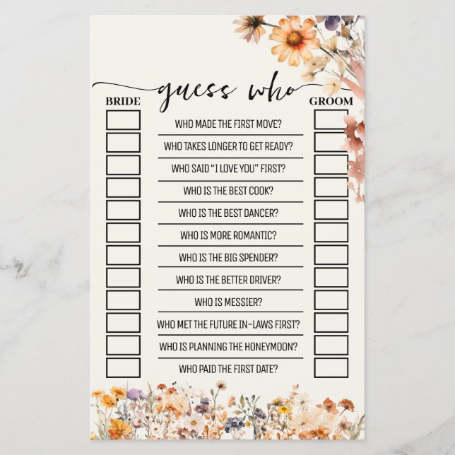 Fall Wildflowers Guess Who Bridal Shower Game Card (Front)