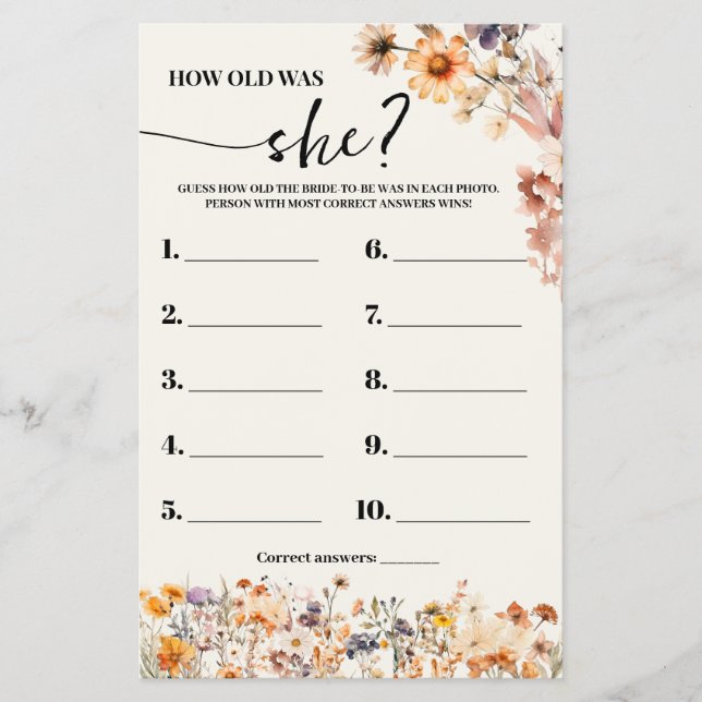 Fall Wildflowers How old was She Shower Game Card (Front)