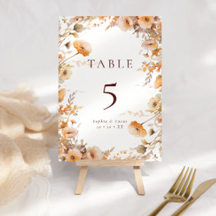 Fall Wildflowers Orange & Brown Wedding Table Number