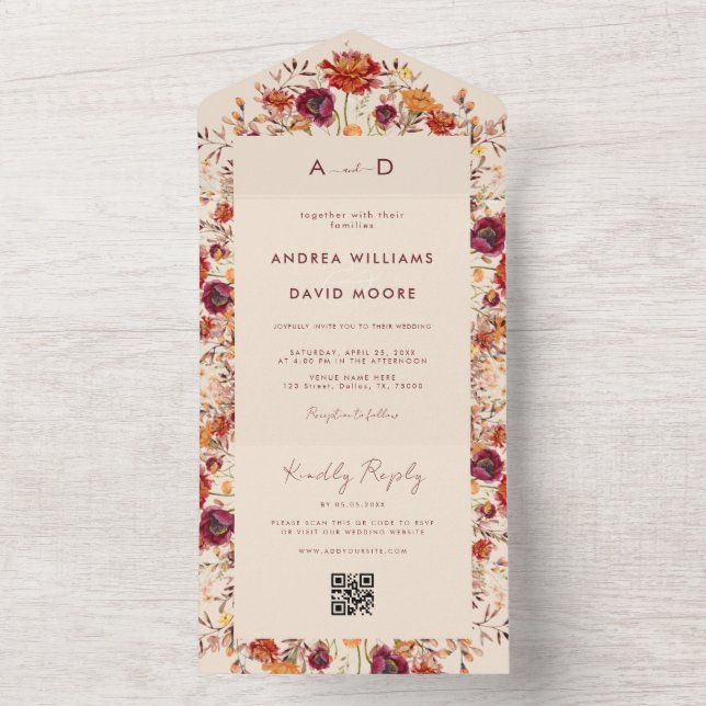 Fall Wildflowers QR Code RSVP Autumn Wedding All In One Invitation (Inside)