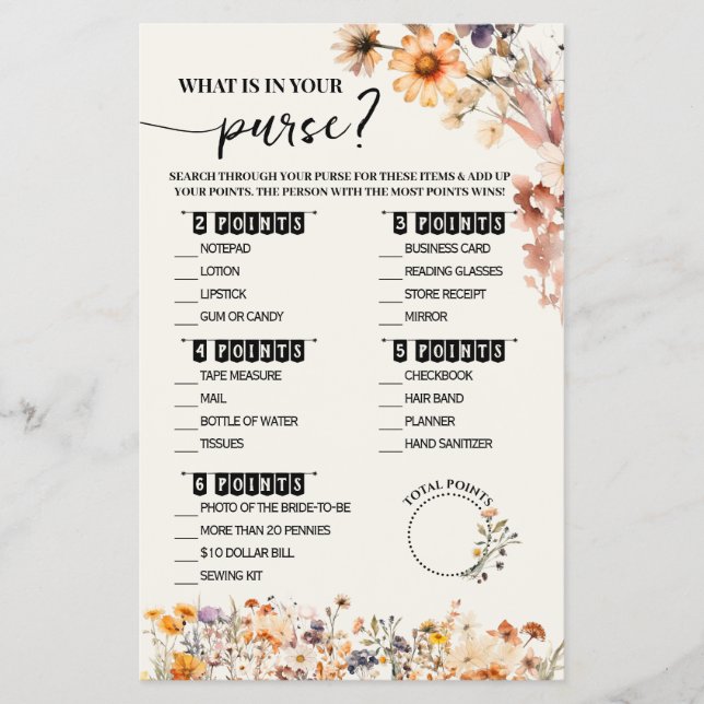 Fall Wildflowers What is in Purse Shower Game Card (Front)