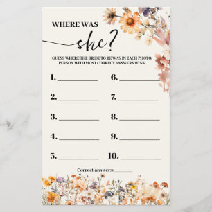 Fall Wildflowers Where was Bride Shower Game Card