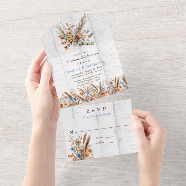 Fall WildFlowers White Birch Tree Wedding All In One Invitation (Tearaway)