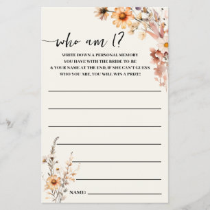 Fall Wildflowers Who am I? Bridal Shower Game Card