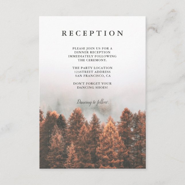 Fall winter pine trees forest photo chic reception enclosure card (Front)