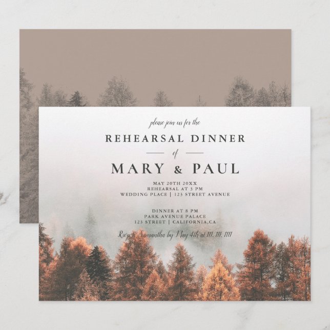 Fall winter pine trees forest rehearsal dinner invitation (Front/Back)