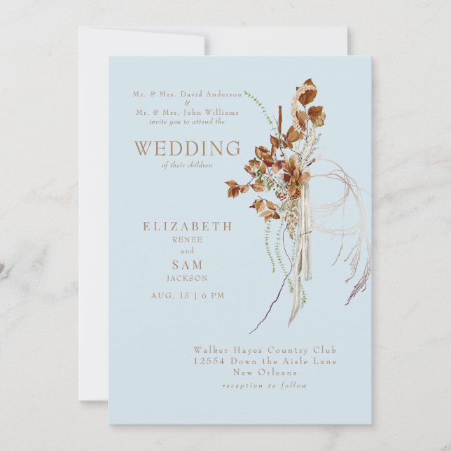 Fall Wispy Boho Sky Blue Both Parents Invitation (Front)