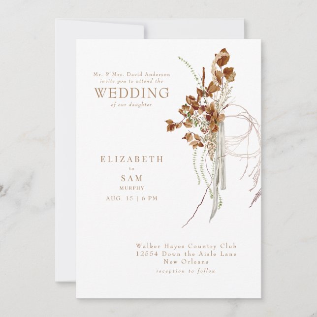 Fall Wispy Boho White Bride Parents Wedding Invitation (Front)