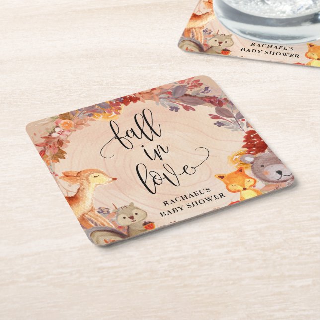 Fall Woodland Animals Baby Shower Personalized Square Paper Coaster (Angled)