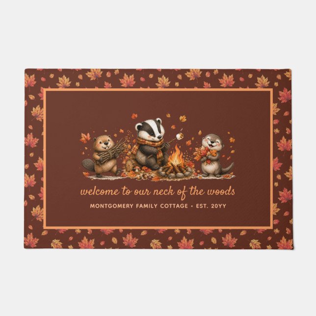Fall Woodland Animals Personalized Autumn Doormat (Front)