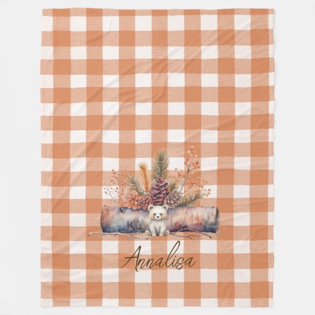Fall Woodland Bear Rustic Gingham Personalized  Fleece Blanket (Front)