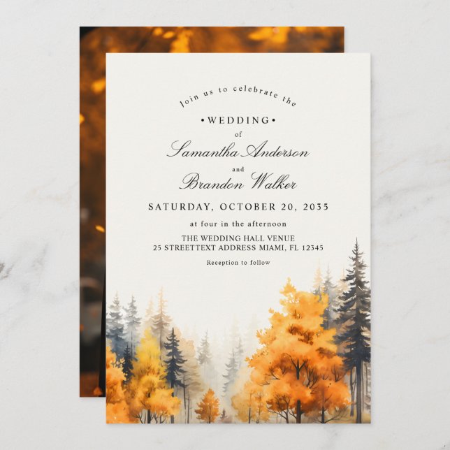 Fall Woodland, Pine Trees Photo Wedding Invitation (Front/Back)