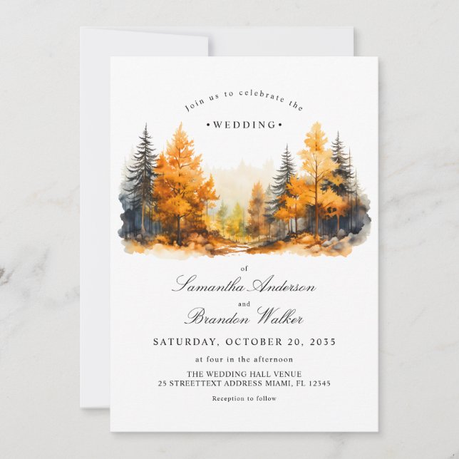 Fall Woodland, Pine Trees Wedding Invitation (Front)