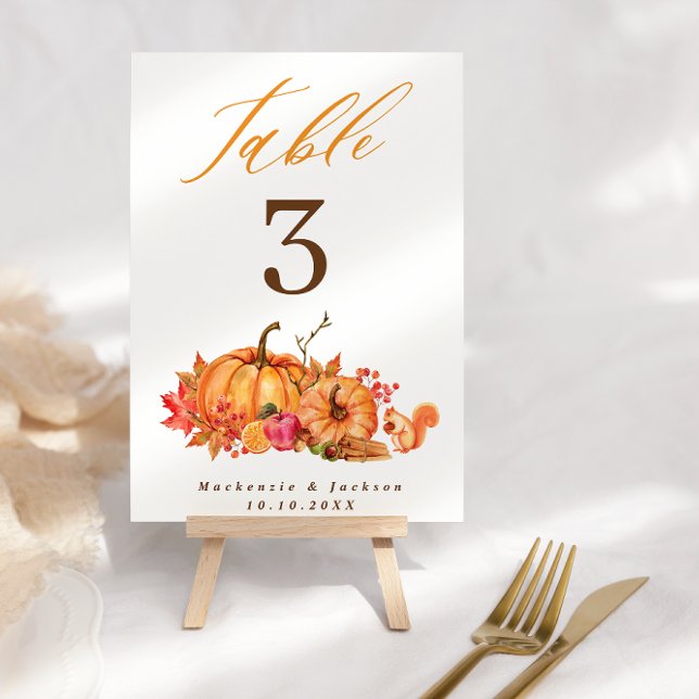 Fall Woodland Pumpkins & Squirrel Script Wedding  Table Number (Creator Uploaded)