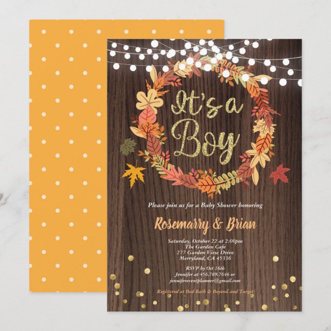 Fall wreath baby boy shower rustic thanksgiving invitation (Front/Back)