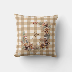 Fall Wreath Brown Gingham Monogram Throw Pillow