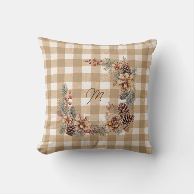 Fall Wreath Brown Gingham Monogram  Throw Pillow (Front)