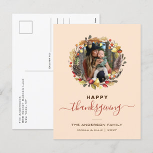 Fall Wreath Modern Thanksgiving Photo Holiday Postcard