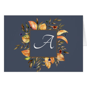 Fall Wreath Script Monogram Note Cards - blue
