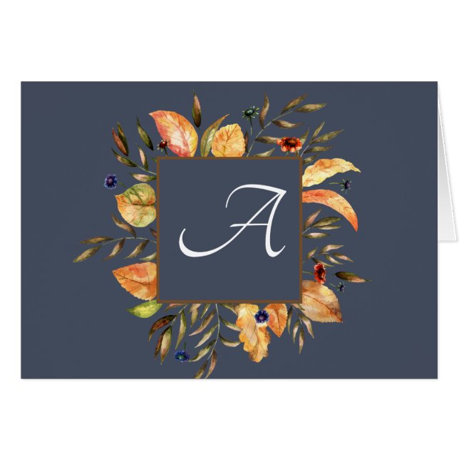 Fall Wreath Script Monogram Note Cards - blue (Front Horizontal)