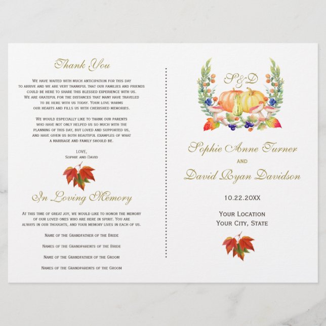 Fall Wreath Thanksgiving Wedding Program (Front)