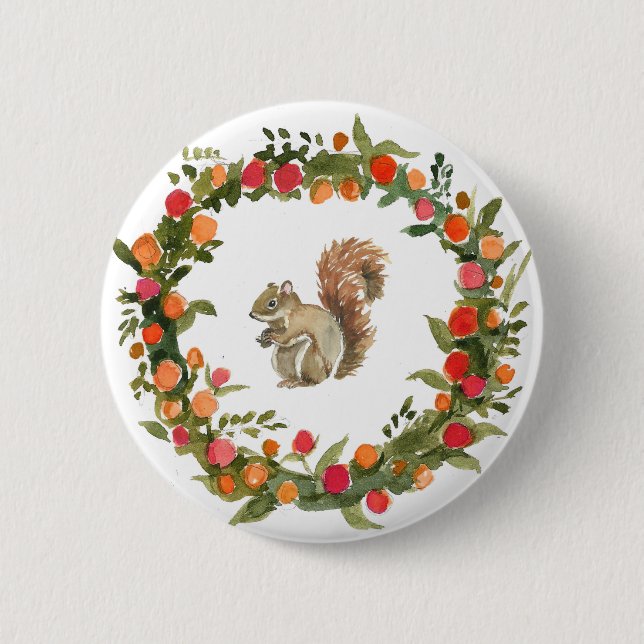 Fall wreath with squirrel watercolour 2 inch round button (Front)