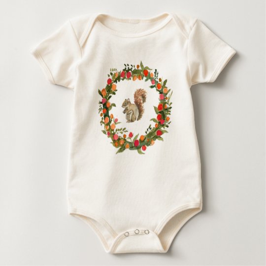 Fall wreath with squirrel watercolour baby bodysuit
