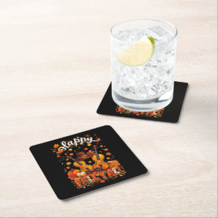 Fall Y'all Thanksgiving Violin Autumn Leaves Square Paper Coaster