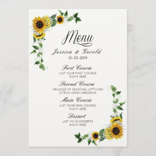 Fall Yellow Sunflower Rustic Barn Wedding Menu Invitation