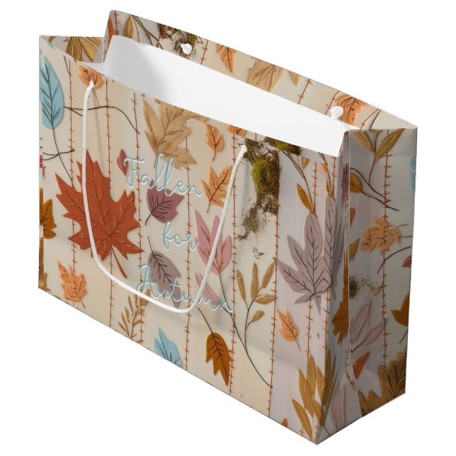 Fallen For Autumn Orange Yellow Pattern Text Large Gift Bag (Front Angled)