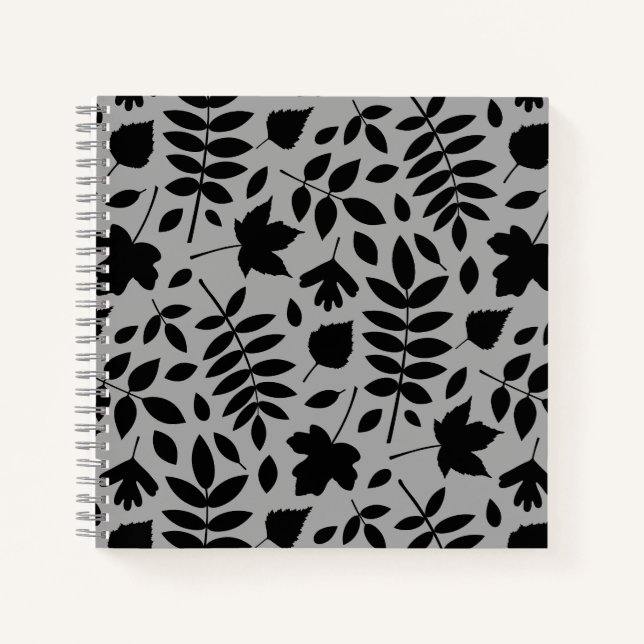 Fallen Leaves Big Pattern Black on Grey Notebook (Front)