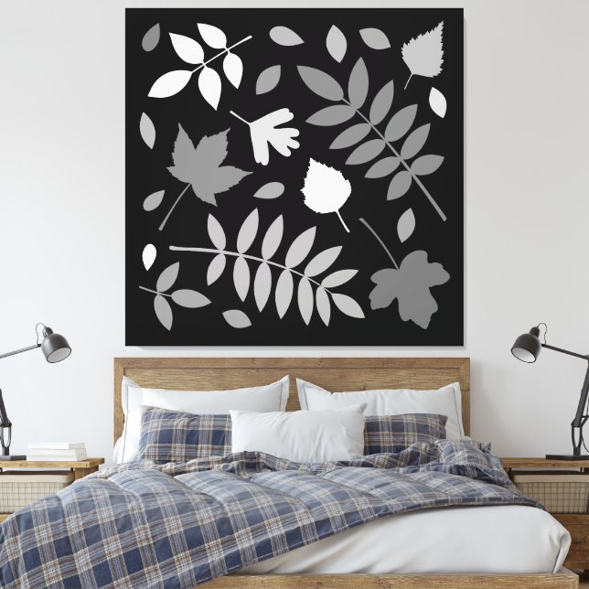 Fallen Leaves Design Greys White Black Canvas Print (Insitu(Bedroom))