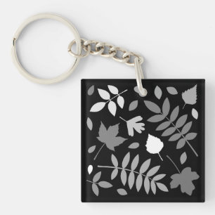 Fallen Leaves Design Greys White Black Keychain