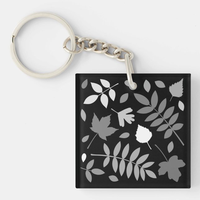 Fallen Leaves Design Greys White Black Keychain (Front)