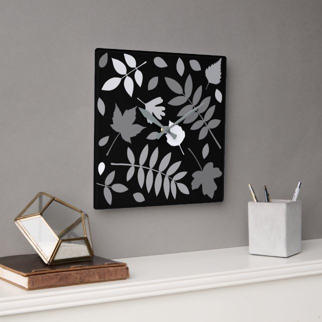 Fallen Leaves Design Greys White Black Square Wall Clock (Office)