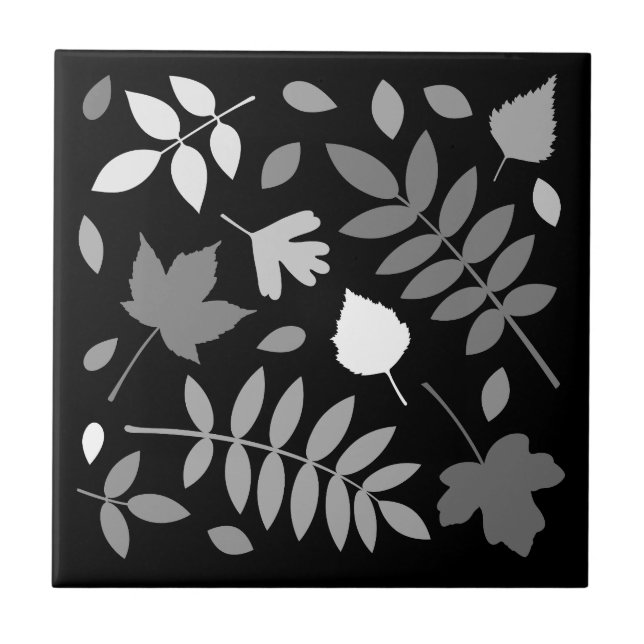Fallen Leaves Design Greys White Black Tile (Front)