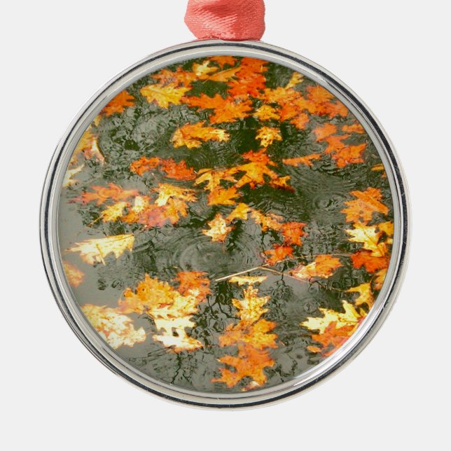 fallen leaves in rain metal ornament (Front)