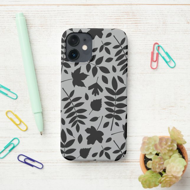Fallen Leaves Lg Pattern Black on Grey iPhone Case (On Desk)