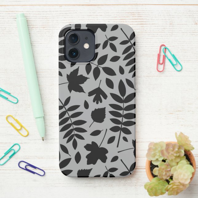 Fallen Leaves Lg Pattern Black on Grey iPhone Case (On Desk)