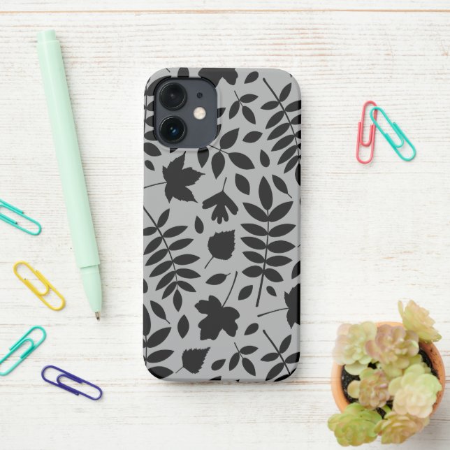 Fallen Leaves Lg Pattern Black on Grey iPhone Case (On Desk)