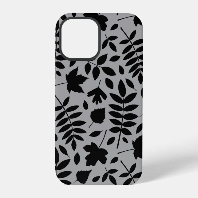 Fallen Leaves Lg Pattern Black on Grey iPhone Case (Back)
