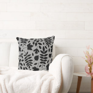 Fallen Leaves Lg Pattern Black on Grey Throw Pillow