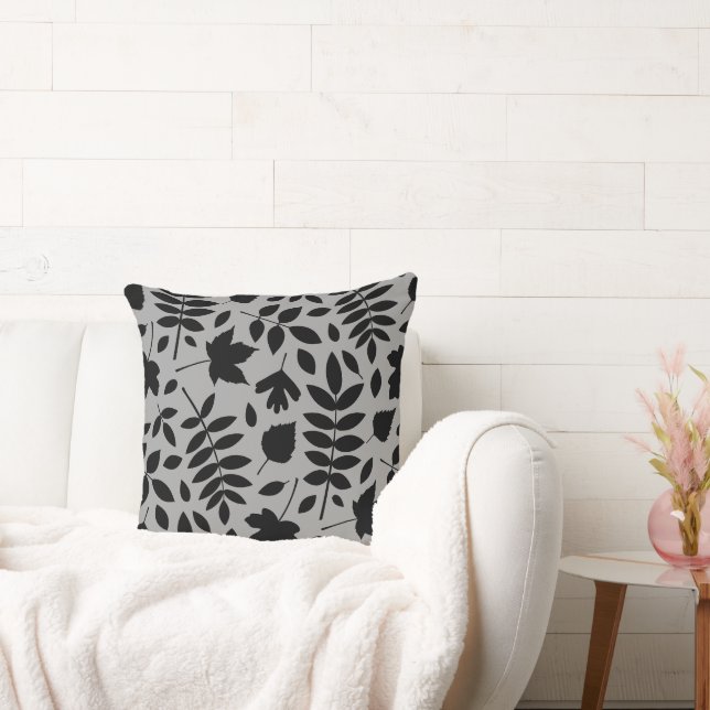Fallen Leaves Lg Pattern Black on Grey Throw Pillow (Couch)
