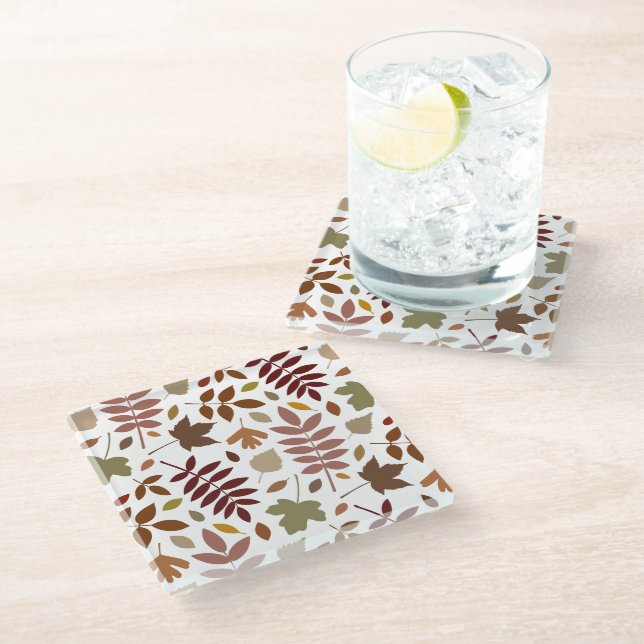 Fallen Leaves Lg Pattern Fall Colours on White Glass Coaster (Angled)