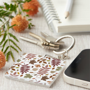Fallen Leaves Lg Pattern Fall Colours on White Keychain