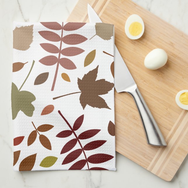 Fallen Leaves Lg Pattern Fall Colours on White Kitchen Towel (Quarter Fold)