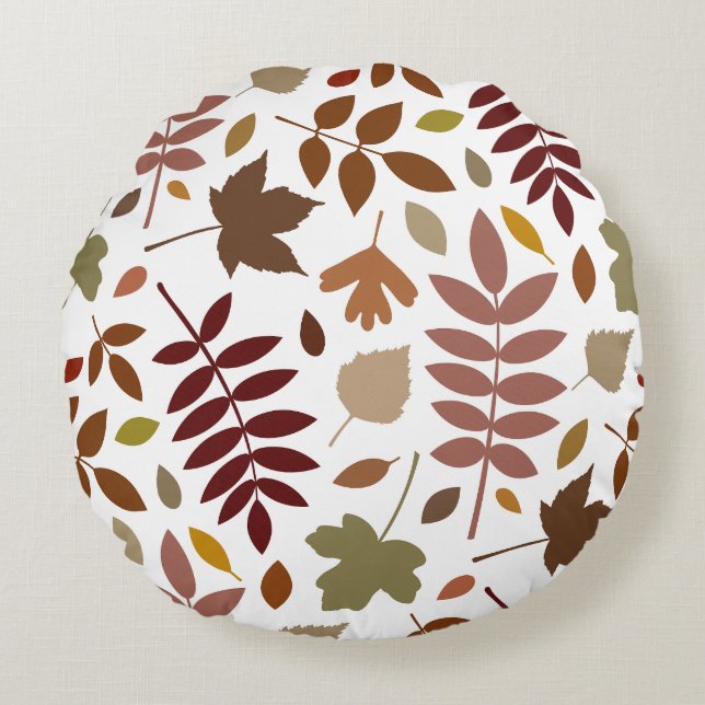 Fallen Leaves Lg Pattern Fall Colours on White Round Pillow (Front)