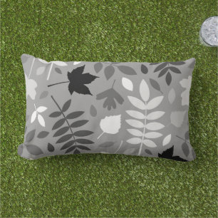 Fallen Leaves Lg Pattern Monochrome on Grey Lumbar Pillow