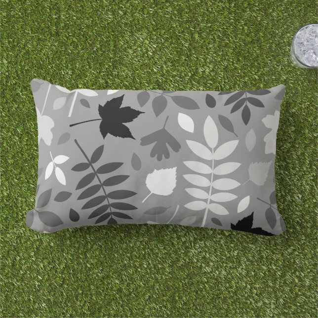 Fallen Leaves Lg Pattern Monochrome on Grey Lumbar Pillow (Grass)